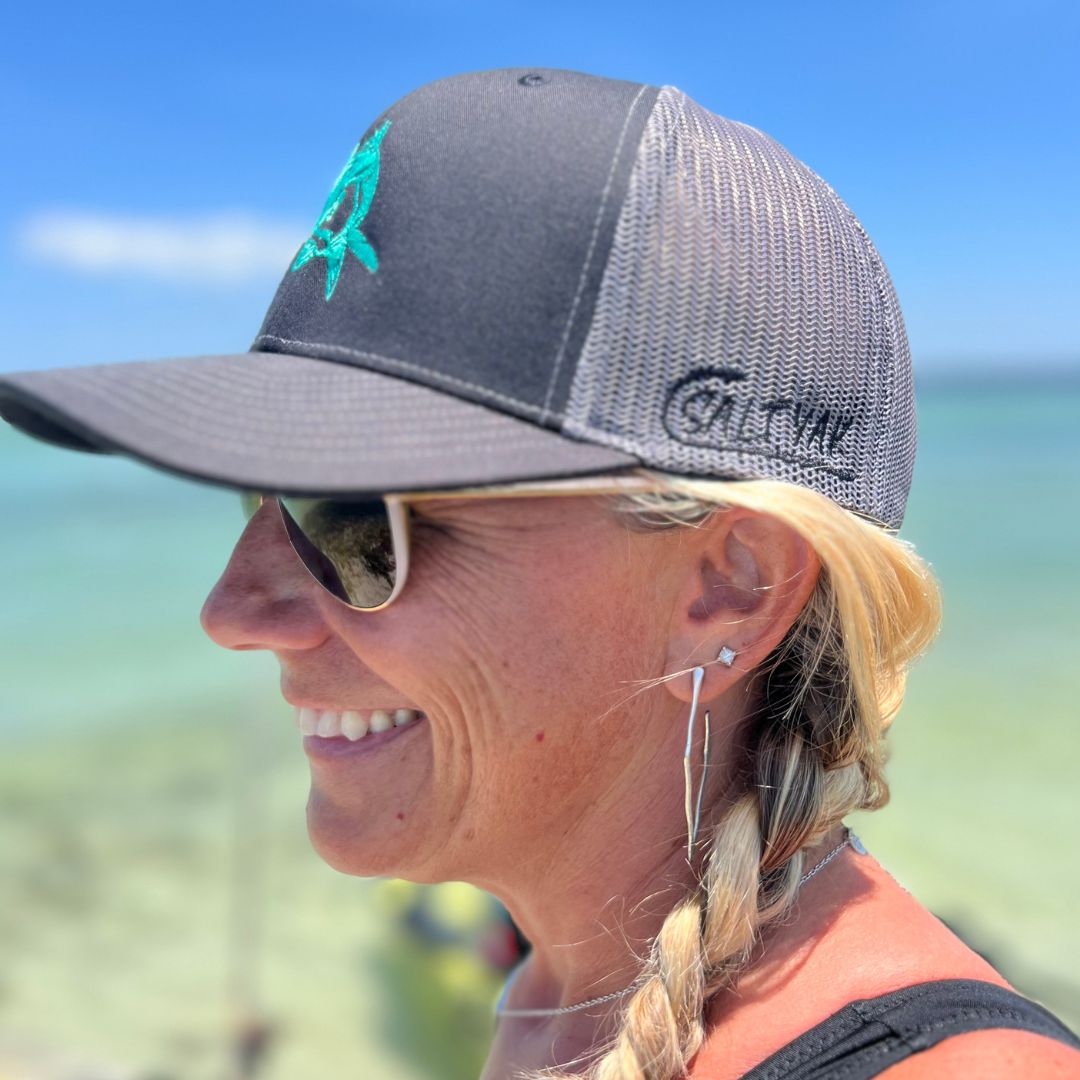 Black Trucker Style Hat with Teal Redfish by Richardson