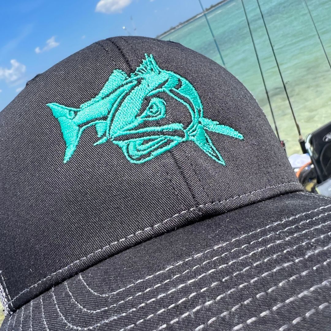 Black Trucker Style Hat with Teal Redfish by Richardson